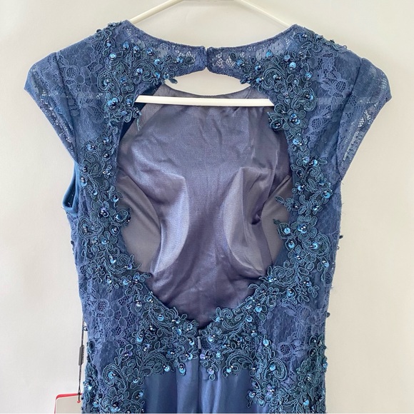 NWT Lace Embellished Beads Trumpet Mermaid Sweep Train Evening Dress Blue 4 - Picture 6 of 11